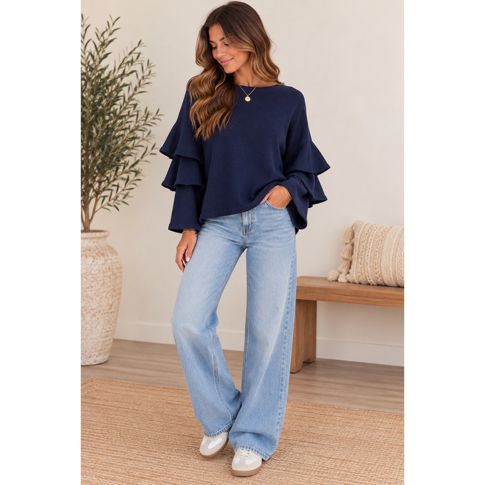AG Adriano Romantic Ruffle Tiered Sleeve Sweatshirt Womens S Navy Blue Coquette